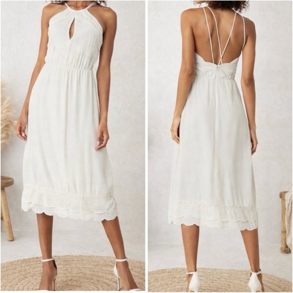 Elliatt Elation Ruffle Halter Wedding Guest Midi Dress in Taupe
